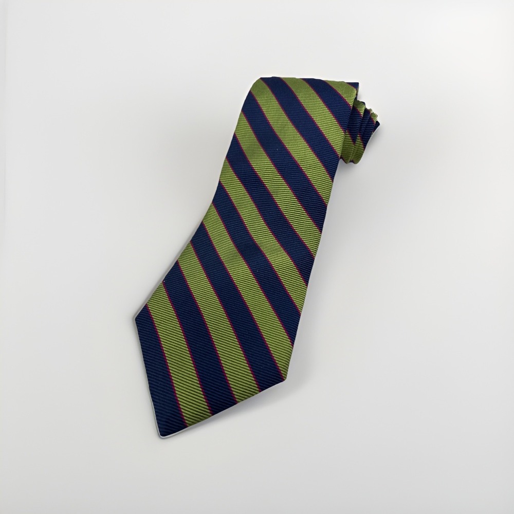 Brooks Brothers Makers Navy Green Striped Repp Silk Tie 3.75"Wide 59"Long
